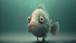3d cartoon character of a spherical goldfish with big bulging eyes floating in the air. sad fish