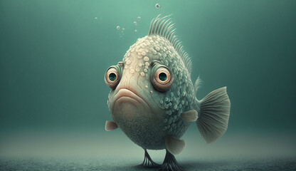 Wall Mural - 3d cartoon character of a spherical goldfish with big bulging eyes floating in the air. sad fish