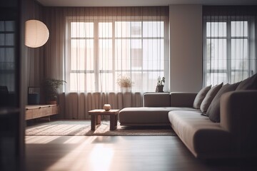 Wall Mural - cozy living room with a large window and comfortable furniture. Generative AI