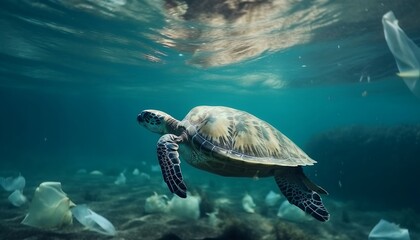 Wall Mural - Underwater Plastic Bags Pollutions with Green Sea Turtle Swimming in Turquoise Water 