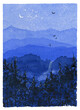 © cosmicanna - Watercolor illustration of an evening landscape with mountains, moon, and forest in the foreground
