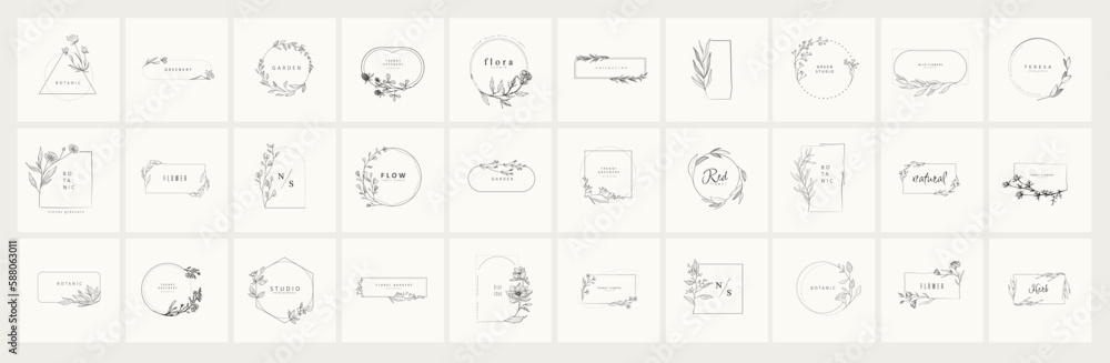 Set of minimal feminine botanical floral frame or logo with trendy ...