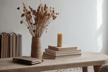 Sticker - rustic wooden table adorned with books and a vase of dried flowers. Generative AI