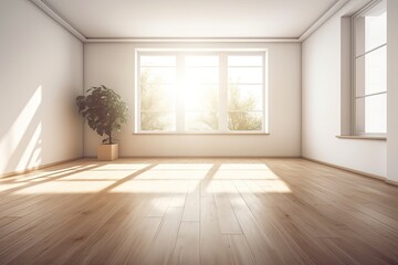 Poster - Illustration of an empty room with a touch of greenery from a potted plant in the corner. Generative AI