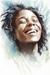 Natural beauty happy and smiling middle aged African American woman, splashes of water, refreshing feeeling, watercolor illustration (Generative AI)