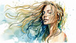 Natural beauty relaxed young blonde caucasian woman with long hair with splashes of water, enjoying ocean breeze, watercolor illustration (Generative AI)