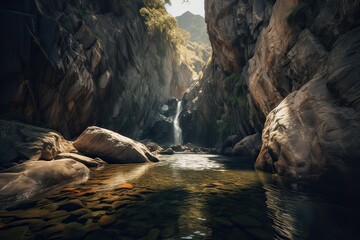 Wall Mural - Great view on waterfall with colorful sky during sunset. Wonderful Nature landscape. Travel is a Lifestyle, concept. Iceland popular place of travel and touristic location. Generative Ai.