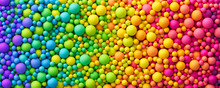Many Rainbow Gradient Random Bright Soft Balls Background. Colorful Balls Background For Kids Zone Or Children's Playroom. Huge Pile Of Colorful Balls In Different Sizes. Vector Background