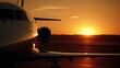 Luxuriöser Privat Jet Flieger in der Abendsonne nach der Landung Nahaufnahme, ai generativ