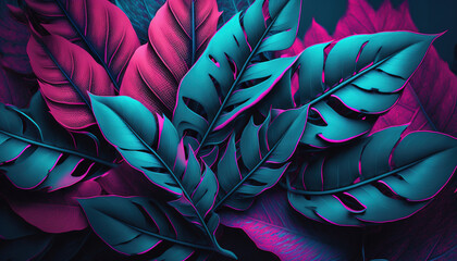 Wall Mural - Beautiful wallpaper with viva magenta and blue tropical plant leaves on background.  Generative AI