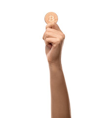 Wall Mural - cryptocurrency, finance and business concept - close up of hand holding golden bitcoin on white background