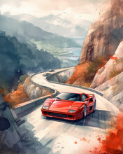 Watercolor Iconic Racing Car Illustration Created By Generative Ai