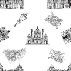 Wall Mural - Seamless pattern of hand drawn sketch style Austria related places, buildings and objects isolated on white background. Vector illustration.