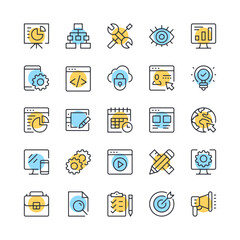 Wall Mural - Web development line icons. Set of programming icons. Black, blue and yellow colors. Modern outline graphic design. Vector line icons set