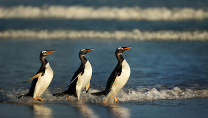 Wall Mural - gentoo penguins emerging from water in the falkland islands.