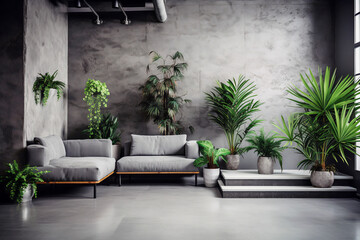 Wall Mural - Minimal modern interior living room, with concrete walls in style of brutalism, sofa and plants. Generative AI