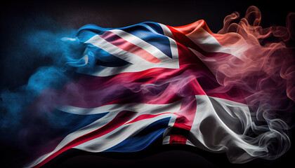 country flag of england creatively by surrounded white smoke wind on dark backdrop ai generative