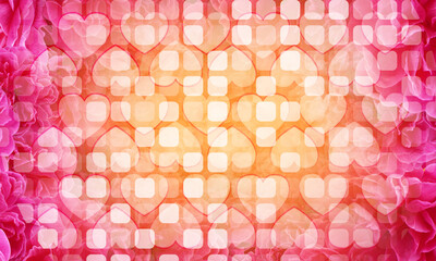 Wall Mural - abstract blur heart stacked on gradient rounded rectangle on blur pink and orange roses background, banner, template, card, pattern, object, nature, fashion, copy space