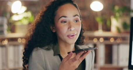 Aufkleber - Office, speaker phone and networking, woman on smartphone at desk talking with smile. Happy businesswoman, virtual meeting and conversation with technology, communication and consulting on sales deal
