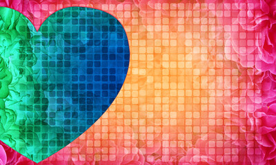 Wall Mural - inside left half blue and green heart on blur rounded rectangle on blur pink and orange roses background, banner, template, card, pattern, object, fashion, copy space
