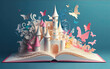Open book with fairy tale castle and flying butterflies on blue background. Generative AI