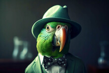 Mr Green Parrot Gentleman In Boss Hat And Scientist. AI Generated.