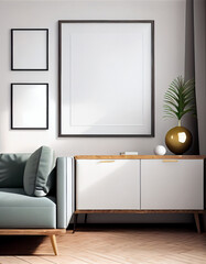 Wall Mural - Stylish interior of living room with mock up poster frame, commode, book, leaf in ceramic vase and elegant personal accessories. AI Generated