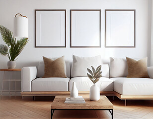 Wall Mural - Three White frame mockups in interior with sofa and accessories, AI Generated