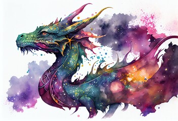 Wall Mural - watercolor illustration of a mesmerizing cosmos dragon with universe and colorful galaxies inside it
