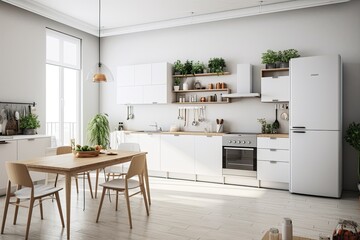 Poster - cozy and functional kitchen with dining area and appliances. Generative AI