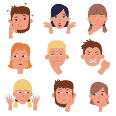 Poster - Man and Woman Head with Face Emotion and Hand Gesture Vector Set