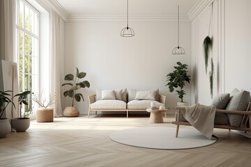 Poster - cozy living room adorned with indoor plants and stylish furniture. Generative AI