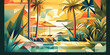 © lublubachka - Golden Sunset with tropical palm trees and leaves, geometry abstract collage background, ai generative