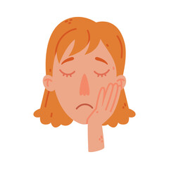 Wall Mural - Redhead Woman Face with Sad Emotion and Head Upon Her Hand Vector Illustration