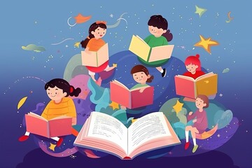 children reading a book, international children book day. Generative ai