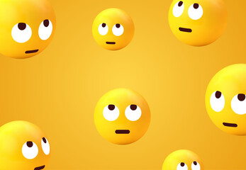 Wall Mural - 3d emoji face with rolling eyes background collection. yellow emoticon with closed neutral mouth for social network media - disdain boredom emojis - eye roll cute emoticon set. Vector illustration