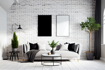 Wall Mural - Design scandinavian interior of living room with flowers in vase and mockup frames. AI Generated