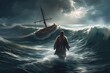 Jesus walks on water across the sea towards a boat during a storm. Biblical theme concept. Generative Ai. Painting.