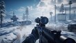 First person shooter gameplay, online FPS video game, winter mission. Generative AI