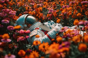 Astronaut lying in flower field, dreaming about planet earth, space exploration dream concept. Generative AI