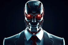 Portrait Of Evil Robot, Angry Steel Android Wearing Business Suit And Tie, Metal Skull With Red Glowing Eyes. Generative AI