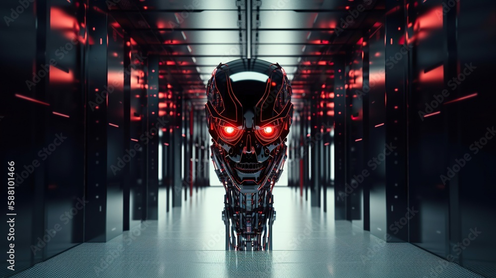 Evil AI face in data center. Danger of strong artificial intelligence ...