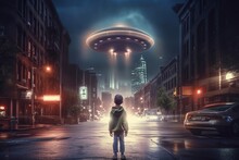 Back View Of Little Boy Looking At Alien Invasion, UFO Flying In The Sky Above City, Concept Of Evidence And Sighting. Generative AI