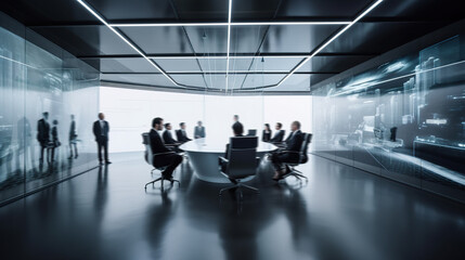 Wall Mural - Long exposure shot of meeting room with people in futuristic office. Generative AI