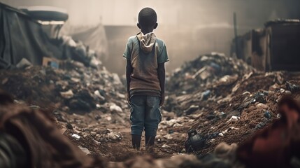 back view of little kid, dirty boy standing in center of a dump full of garbage. generative ai