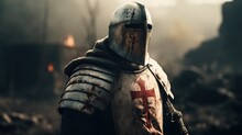 Portrait Of Knight Templar, Medieval Warrior Wearing Helmet, Standing On Battlefield. Generative AI