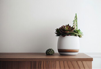 Canvas Print - Suculent plant in a vase pot on wooden table in white room, AI Generated