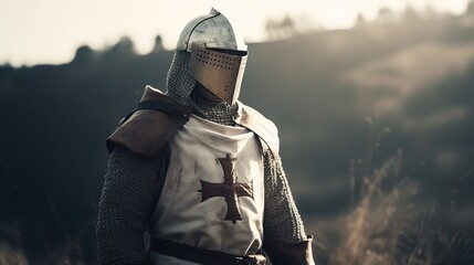 Portrait of knight templar, medieval warrior wearing helmet, standing on battlefield. Generative AI