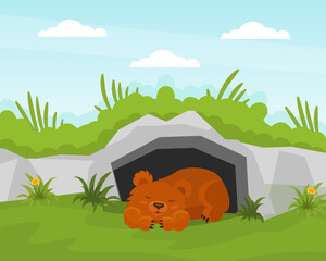 Wall Mural - Bear Cub Sleeping at Burrow in the Forest Vector Illustration