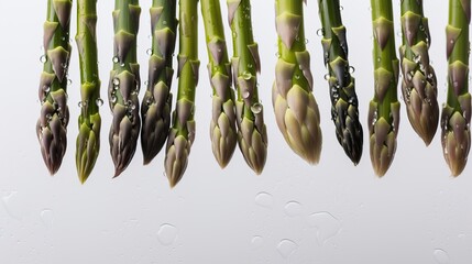 Green raw asparagus on white background top view. Healthy food in flat lay style